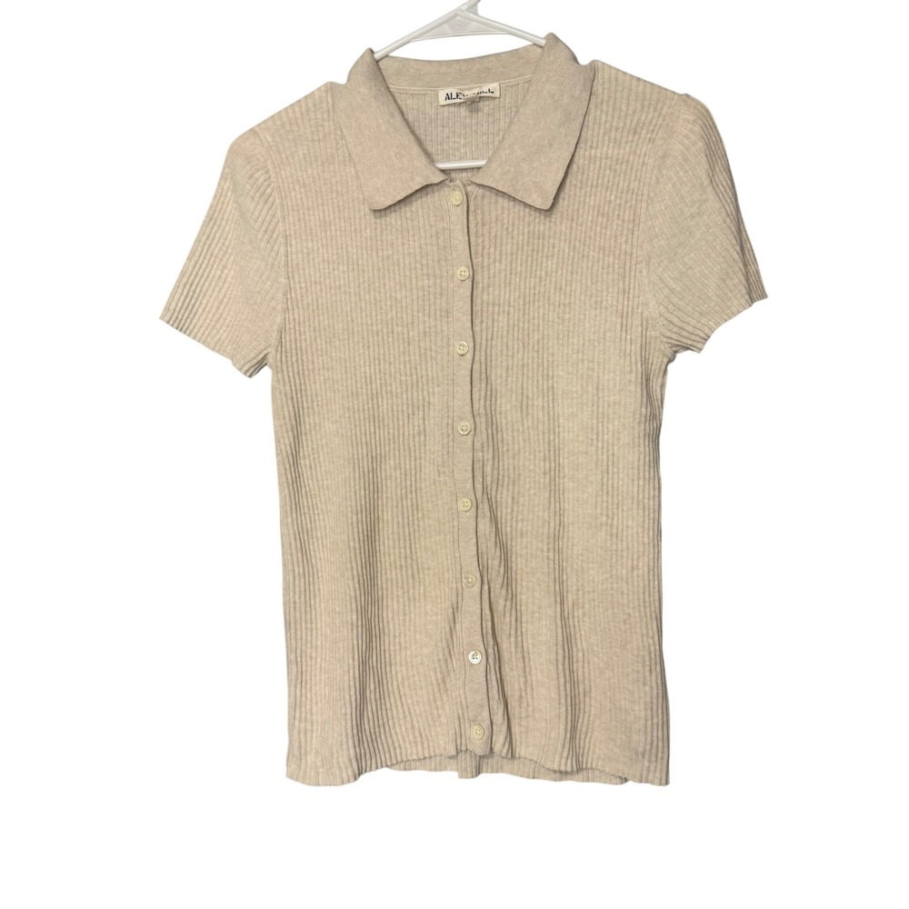 Alex Mill Womens Ribbed Knit Polo Shirt Oatmeal Beige Cotton Linen Button Up M